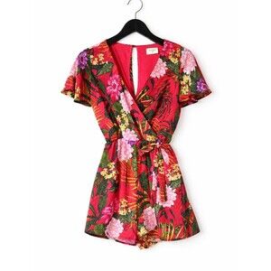 Everly Pink Tropical Floral Print Crossover Short Sleeve Elastic Waist Romper